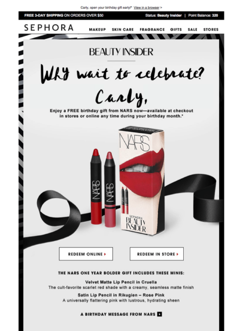 sephora birthday email promoting birthday gift